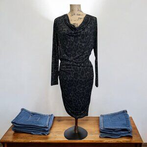 Michael Kors Green Leopard Print‎ Draped Urban Chic Midi Dress Size Medium